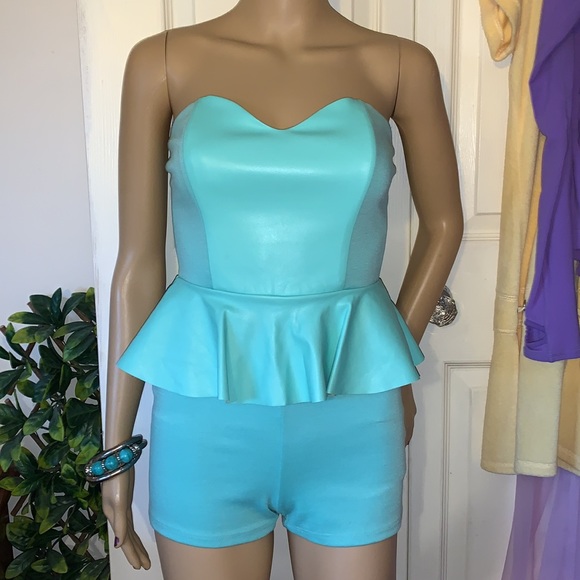 Turquoise strapless bustier leather peplum shorts romper playsuit jumpsuit S - Picture 6 of 15